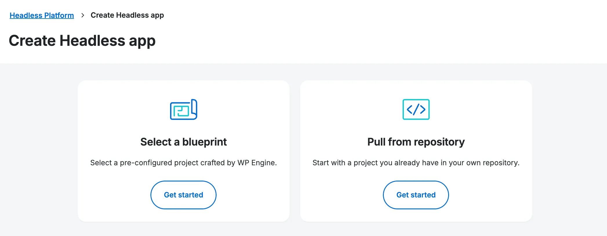 Options to create a new app including “Start with Blueprint” or “Pull from repo”